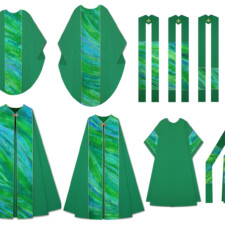 LINDA WITTE HENKE
LIVING WATER – This collection of vestments, which features artist-painted silk habotai, includes two copes, two chasubles, four clergy stoles, one dalmatic, and two deacon stoles. A companion collection includes a triptych altar parament, pulpit parament, lectern parament, and book marker. Both collections reside in the Evangelical Lutheran Church in America headquarters in Chicago, IL.