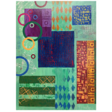 WENDY DUNLEAVY
This is the first painting I've done in years, motivated by my son who actually wanted a screen print. When I became frustrated by the difficulties of achieving exact registration with old, partially blocked screens and blending ink that had begun to clot, I switched to painting instead and tried to create something that was informed by a variety of printing methods. Although my primary material is acrylic paint (three tubes of which I discovered were completely dried out), I also used screen printing ink and water soluble block printing ink to get the effects and range of colors I wanted. This made varnishing a challenge because some techniques might have damaged the non-acrylic parts of the painting. I learned a lot of useful tricks by watching instructional videos and talking to a very helpful employee at Preston Art Center. My new goal is to finish another painting without resorting to such make-shift materials and methods, a job that should be easier with six new tubes of acrylic paint!
