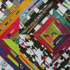 VICKIE WHEATLEY
These are photos of 2 “Anxiety” quilts I’ve been working on with the idea of entering Quilt National for the first time. “Disruptions” (detail shot) is finished. “Glitches,” however, is not going to make the September 5th deadline, and will most likely end up being a “cut it up and try again” experiment. I made the mistake of buying a new machine 2 months before a deadline and in the midst of a pandemic. I thought this machine would make the quilting process easier as it has a wide throat space and a powerful motor that should sew over all the bulk I present it with. It is a brand I’ve never had before and totally computerized, which is also new to me. So, long sad story short, either the machine needs an adjustment, or I do. I could not manage 3 lines of matchstick quilting in a row without skipped stitches. I tried everything. Everything helped a little, but not enough. I finally decided to give up and take the machine in for an adjustment. After a day in the dumps, I now feel free. Free of deadlines and skipped stitches and ready to just play, experiment, do what I want, and return to the very glitchy quilt some day in the future. Maybe.