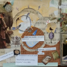 CONDA PUCKETT
I have created 32 inch wide 14 inch high, mixed media board representing mid to uppercrust Victorians...their clothing, jewelery, china, literature references: (a classic poem)& (a classic book that was actually societal commentary on British life...we think of it as a children's story), and entertainment: paper dolls, Ouija boards. "the seeing eye" and in my research I found Common Victorian slang called "Passing English"
*First I hope for my mixed media work to tickle the viewer's senses and/or emotions.
*And if I can also impart something interesting...or give some new knowledge... or make the viewer think...
*And Best of all would be... if I can make the viewer smile or laugh and remember it. Then, I have succeeded with my attempts.