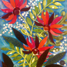 SANDY GUDORF “In the Garden”
12 X 16
The process of art making is often more satisfying to me than achieving a finished product. I was intrigued by the idea of working with a number of supplied items and did enjoy the challenge. Since a canvas was provided by my exchange partner, I used the other materials and acrylic paint to create a graphic of imaginary garden plants in bloom.