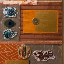 SUSAN GRANT
The orange paper with gold metallic squares on three paper pieces lent itself to a study of shapes. Gold discs, button and fabric pieces accent the design. Since the seeds have an Asian theme I thought kimono fabric for part of the background would be appropriate. Seed beads were added to the “seeds”.
