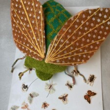 TRISH KORTE
Interpretive Beetle 5” h x 14” w X 17”d I have an affinity for bugs… Just the appearance, not as companions. The colors of my challenge materials and the cane webbing instantly whispered, “winged beetle” to my imagination. I instantly knew I had to make a bug. Also, there was a discarded book page with TWENTY TYPICAL INSECTS OF NORTH AMERICA printed on the paper.