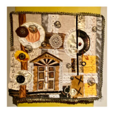 JANET LINDE
My beautiful seeds came from Wendy Dunleavy and my mind went in many directions. Idea one was to stay with a monochromatic color scheme but that passed on to idea number two (an idea of dealing with dimming memories) which eventually made way for idea number three, (see below) I decided to call this “The Plight of the Bumblebee”. Like everyone else, my days are filled with stress and worries about the state of our world. I am concerned about what we have done to our environment. We have a large vegetable garden and are very aware of the importance of bees and the damage done by chemicals and climate. My project is meant to represent the chaos, the damage, the unraveling of our world as well as glimmers of hope.
I settled on earthy colors for my project. I even found an old student project by someone named Terry that I incorporated as a means of recycling.