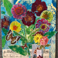 PAT STURTZEL
June 22
Art Seeds: A Flower Meditation
Pat Sturtzel
June 22: At the time that I received my packet of items, I was in a mode of printing on fabric with textile paint. The image of the bouquet of flowers inspired me to choose some flowers from my garden to print with. I also used the doilies as a stencil and the heavy trim as a texture plate. My plan was to incorporate parts of these printed fabrics into a collage along with some of the other items.
August 31: I had been thinking about this project over the weekend and knew that I had all of today to work on it. I found my focus wavering, having a lot on my mind about the state of the world, sickness of a few friends and the recent death ( car accident) of the son of a woman I know from our family’s involvement with boy scouts. He was 27 and was a terrific kid. His older sister had died unexpectedly in January. I could not get my mind off of his mom and a comment that she made on Facebook about needing to choose flowers for her son’s funeral. As I looked at the items in my packet and the fabric that I had printed with flowers from my garden, I knew that I needed to do some hand stitching on those printed flowers and include them in this piece. I stitched for about 4 hours, and spent a lot of that time also thinking about those that have died and those that are sick. The repetition of the hand stitching was meditative and calming.