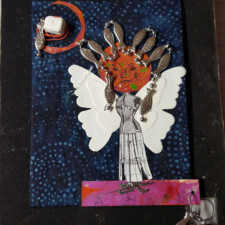 SUSAN ZEPEDA
There's always someone who doesn't follow the directions...and this time, it's me. I got so excited about the elements in my Art Seeds bag that as soon as it came in the mail, I started creating a collage on a base of canvas board I had around, Then I remembered I was supposed to take photos before I started...so I tried to fudge it, taking photos of parts that weren't already tacked down, etc.
The finished piece used some part of all seven items in the bag, plus a canvas board and black velour covered piece of cardboard that had a hole in just the right place. I was intrigued by the chain of silver-tone fishes...and called the piece "Dreams of the fishmonger's daughter."